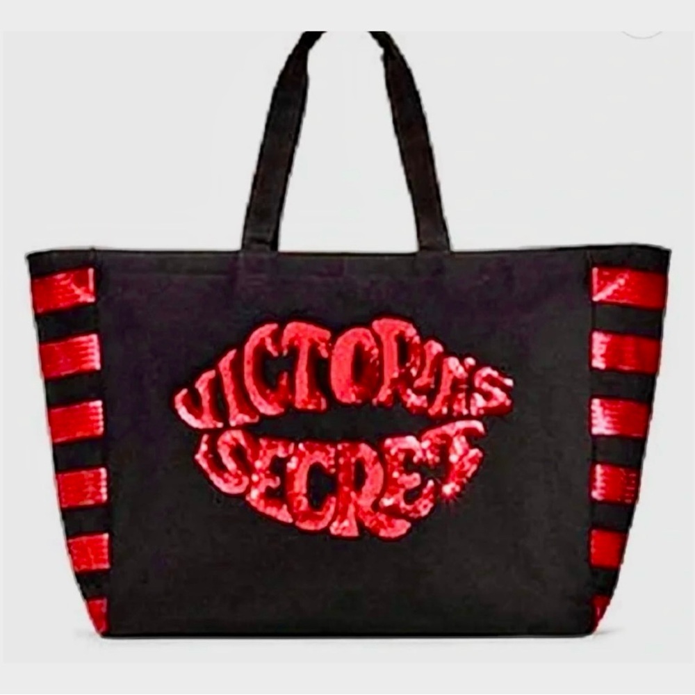 New Victoria's Secret Black and Red Sequin Kiss Tote Bag